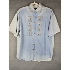 Solutions Denim Shirt Womens M Blue Floral Embroidered Cottage Western Vintage